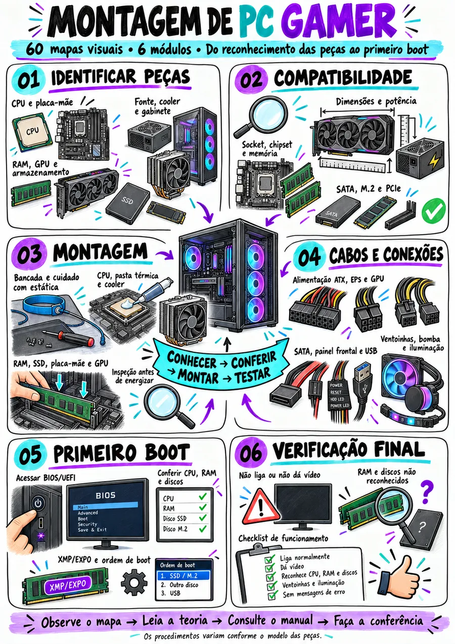 Mapa geral dos 6 módulos: identificar peças, compatibilidade, montagem, cabos e conexões, primeiro boot e verificação final