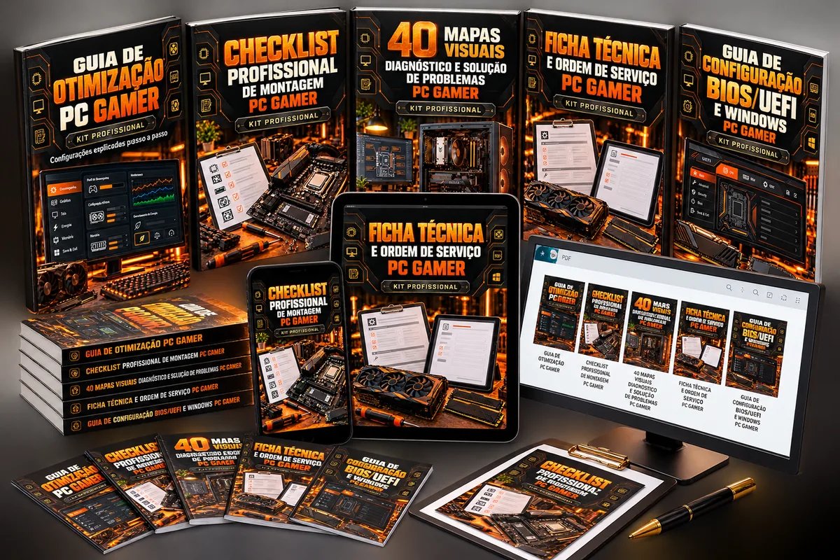 Mockup do Kit Profissional Premium com os materiais de diagnóstico, checklist, ficha técnica, BIOS e otimização