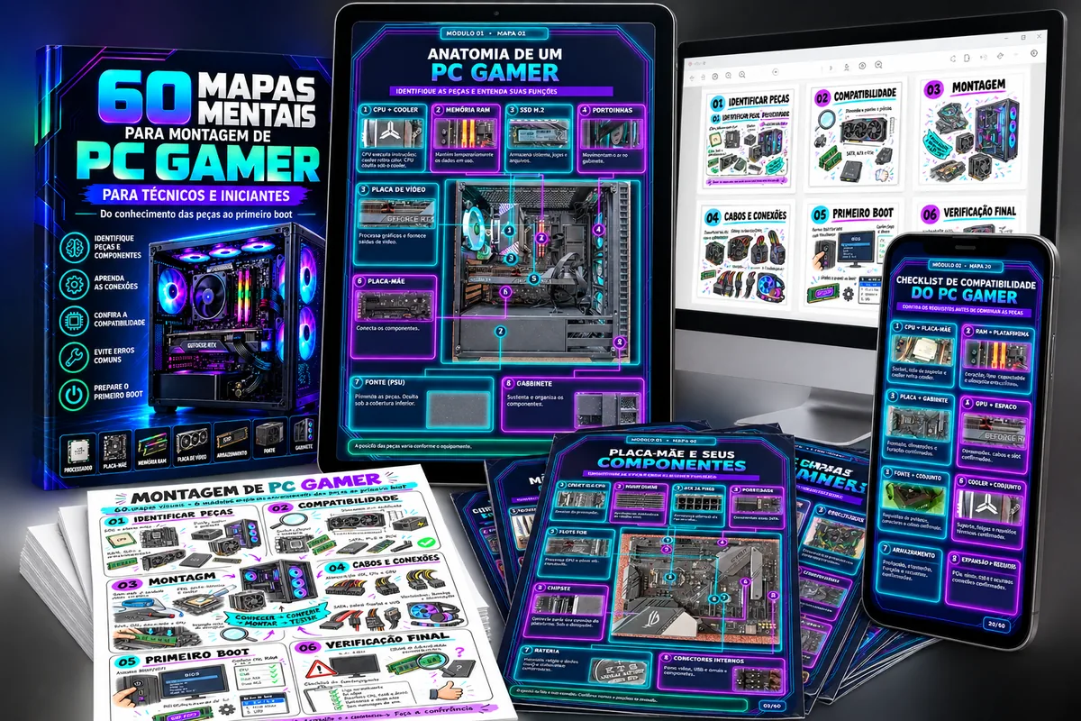 Mockup do material 60 Mapas Visuais de Montagem de PC Gamer em livro, tablet, monitor e celular
